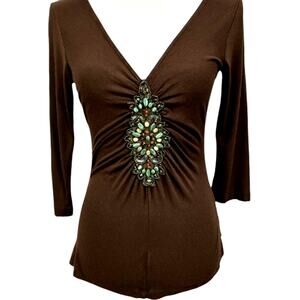" Karen Kane" Beaded Shirt, Brown, V Neck ,3/4 Sleeve,Sexy,Gypsy,Artsy,Vintage